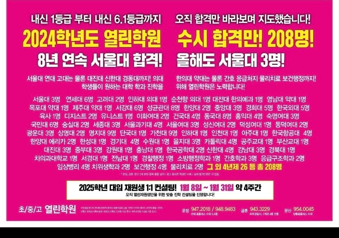 2024년 2024학년도 수시 합격 208명