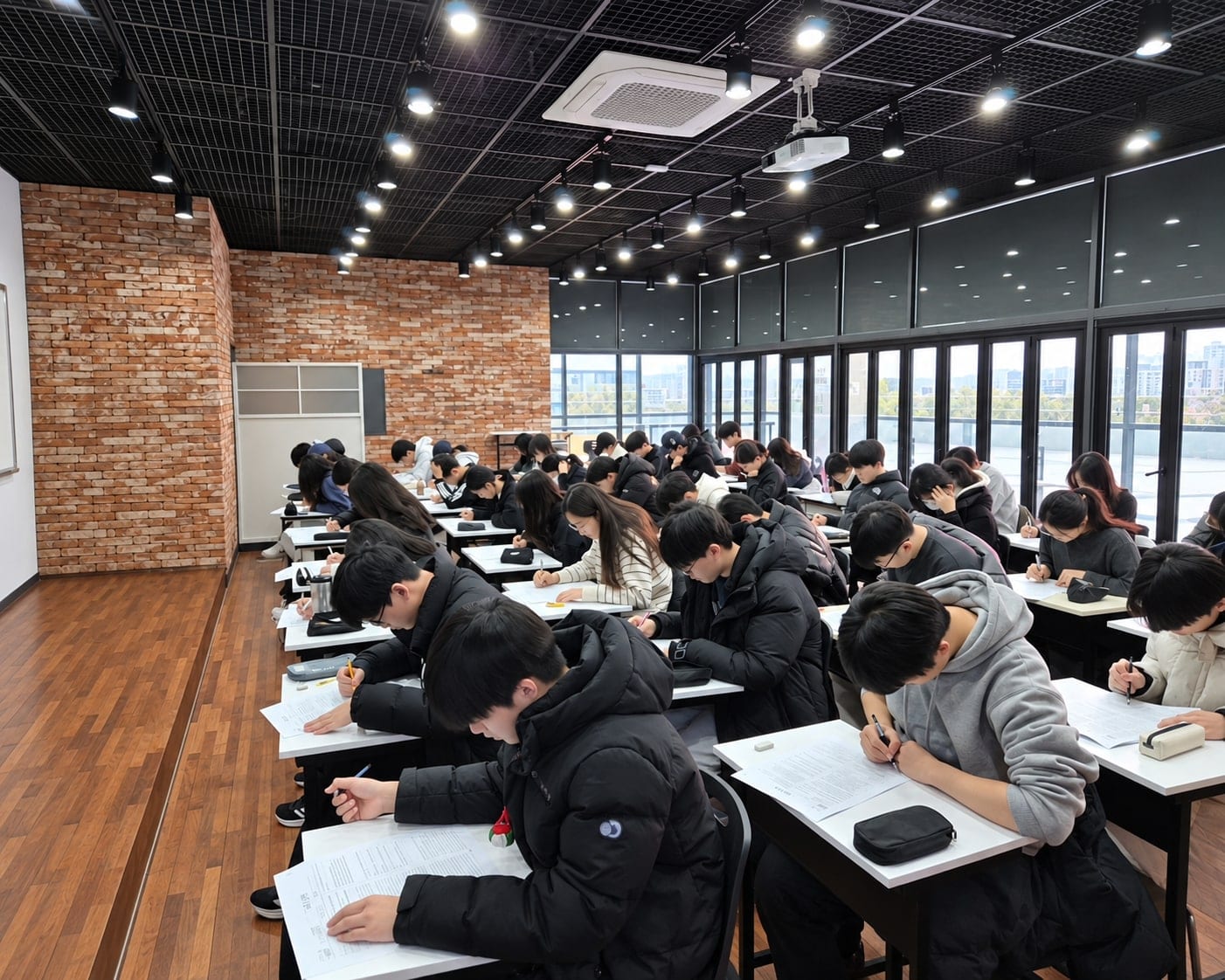 열린수학전문관 고3 교실에서 학생들이 실전모의고사를 치르는 모습