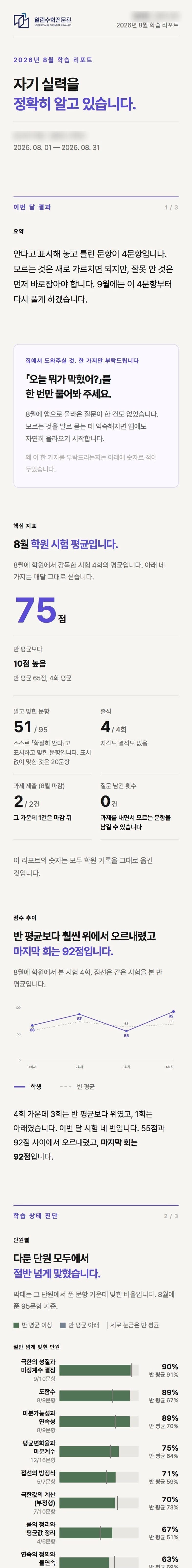 MAPS 학부모 월간 리포트 — 요약, 핵심 지표, 점수 추이, 단원별 성취도